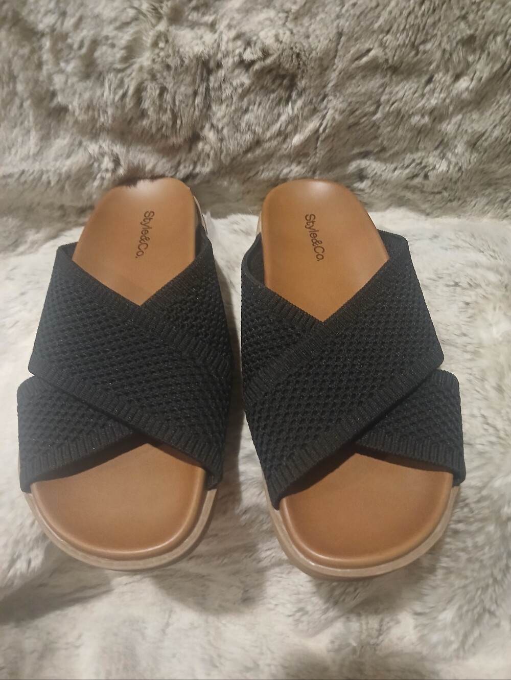 Style & Co. Black Crisscross Slide Sandals with Tan Footbed
